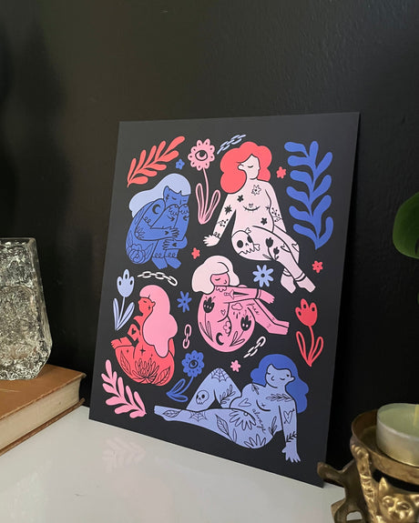 Colorful illustration of women and nature on a black background