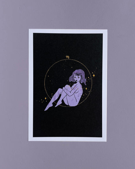 A 5x7 print of a hand-drawn illustration featuring a seated woman with a Virgo sign symbol on her head, surrounded by star graphics on a dark background.